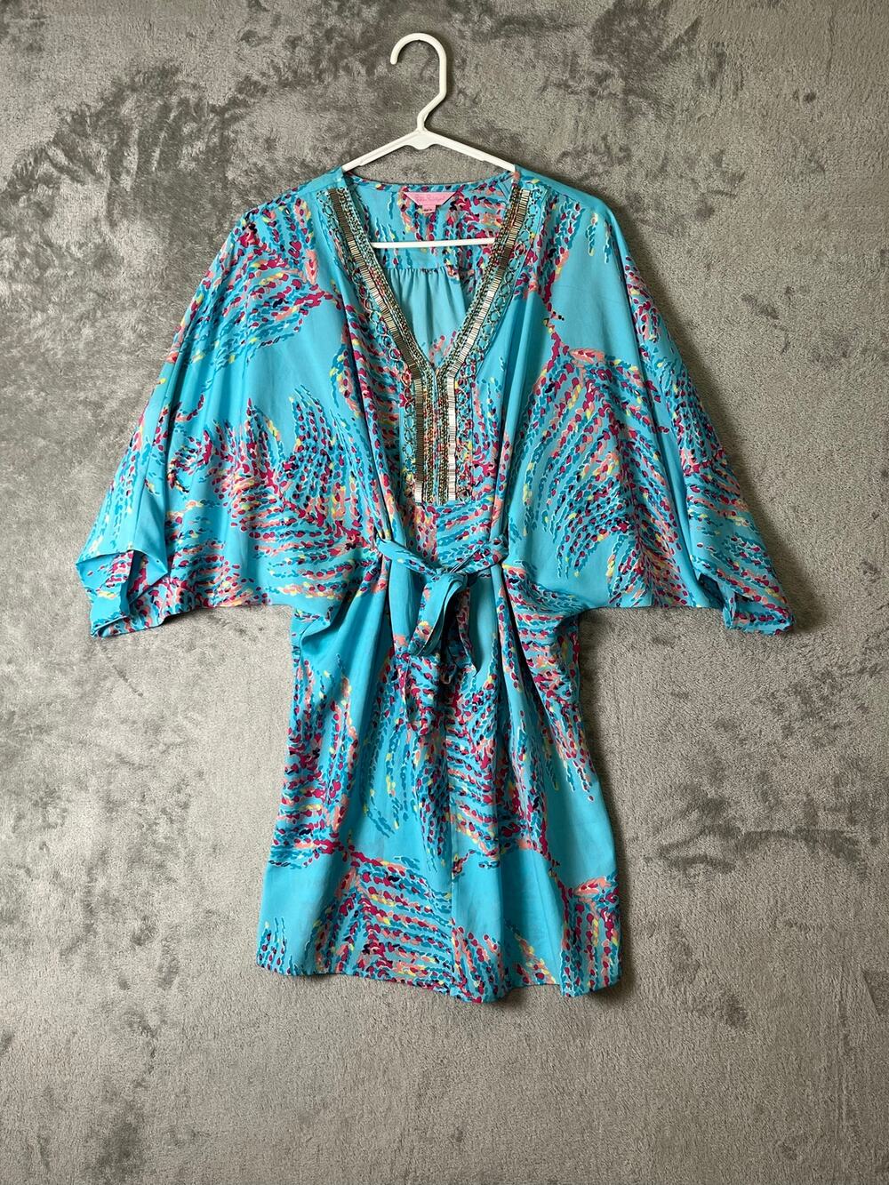 Lilly Pulitzer Wilda Cover Up Dress Small Blue Beaded Tie Waist Resort Swim Silk